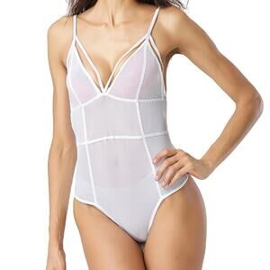 Love J White Sheer Deep V Neck One Piece Bodysuit Teddy Women's XS-S